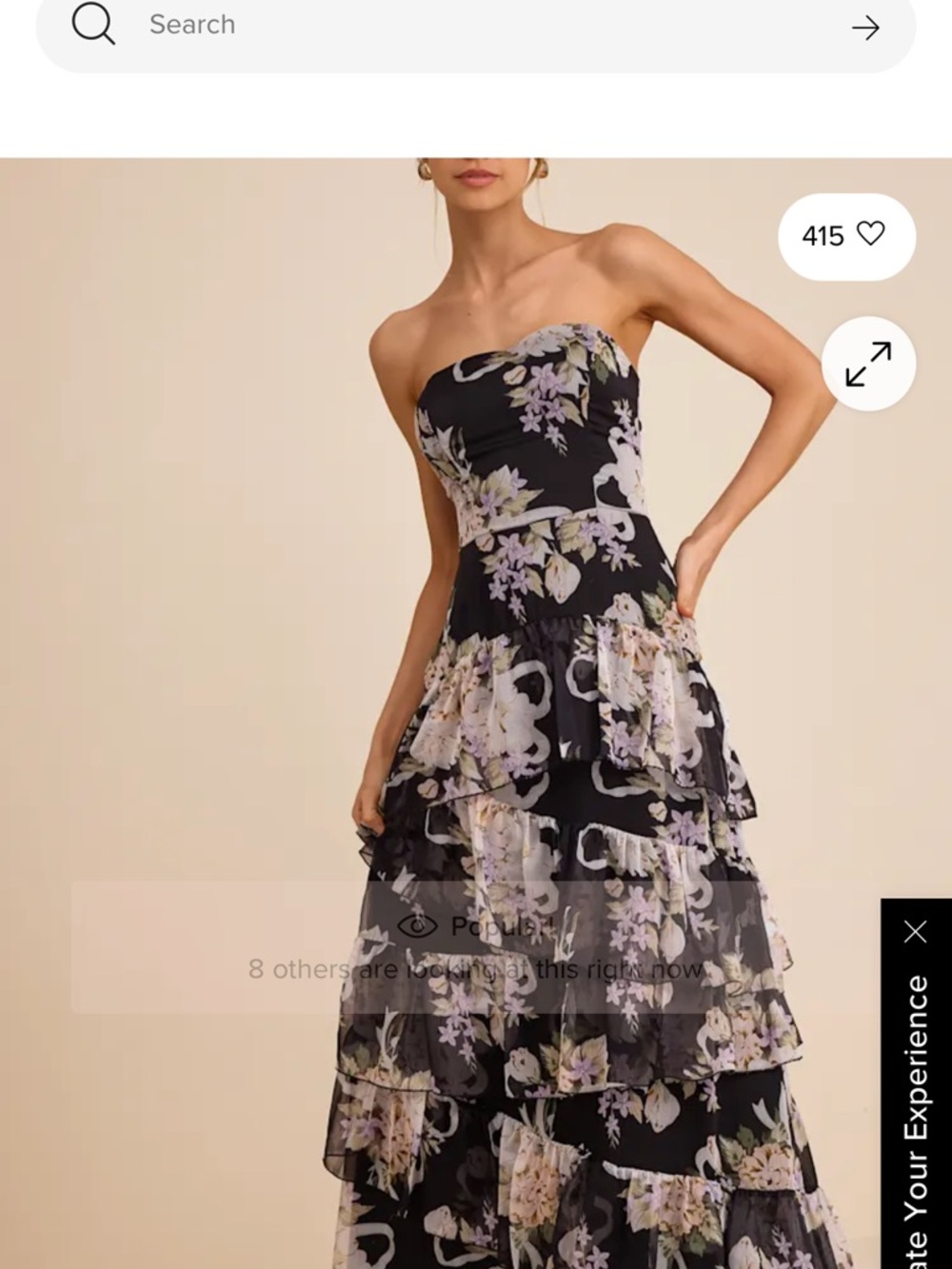 Strapless Black Floral Tiered Maxi Gown